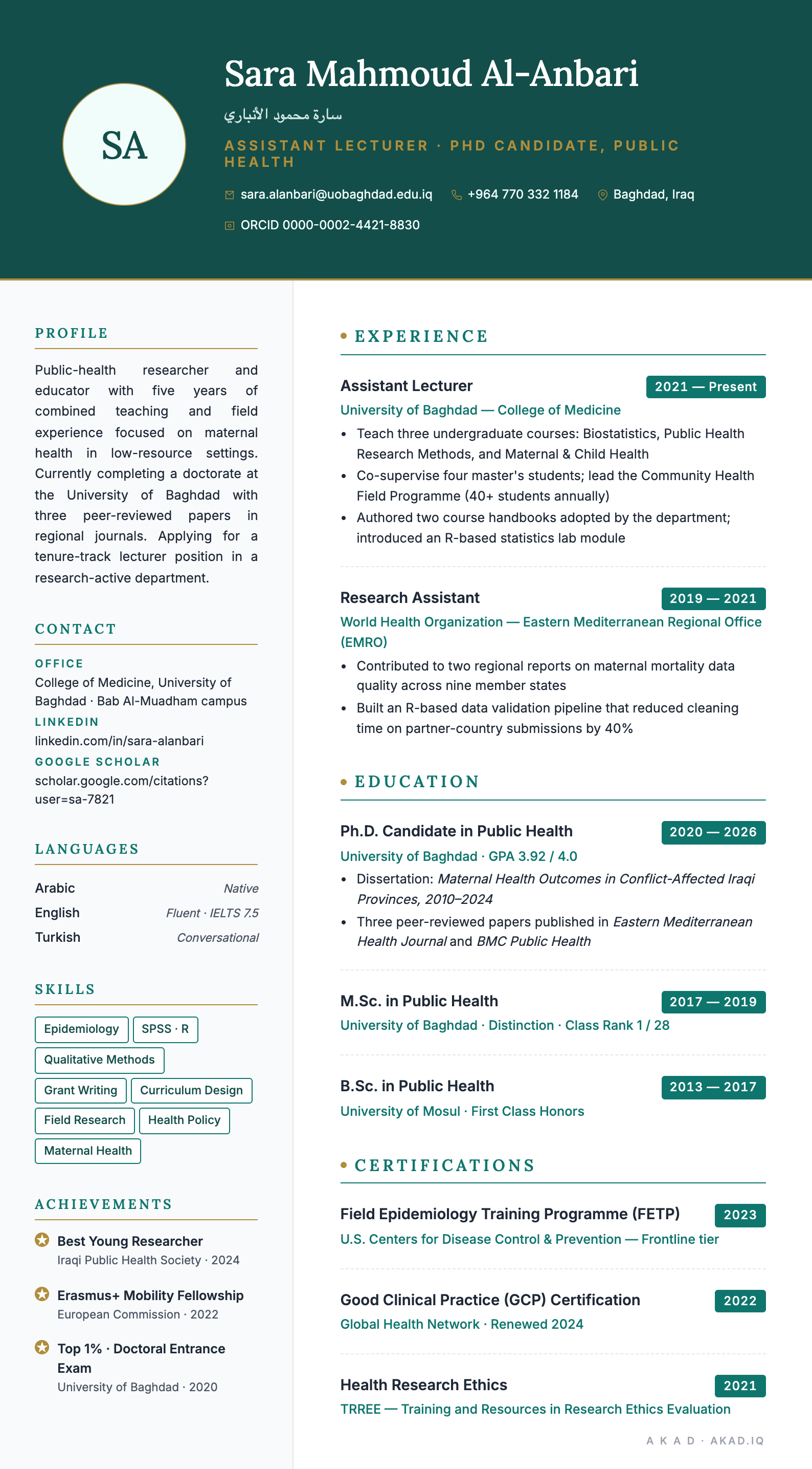 Academic Executive Two-Column CV