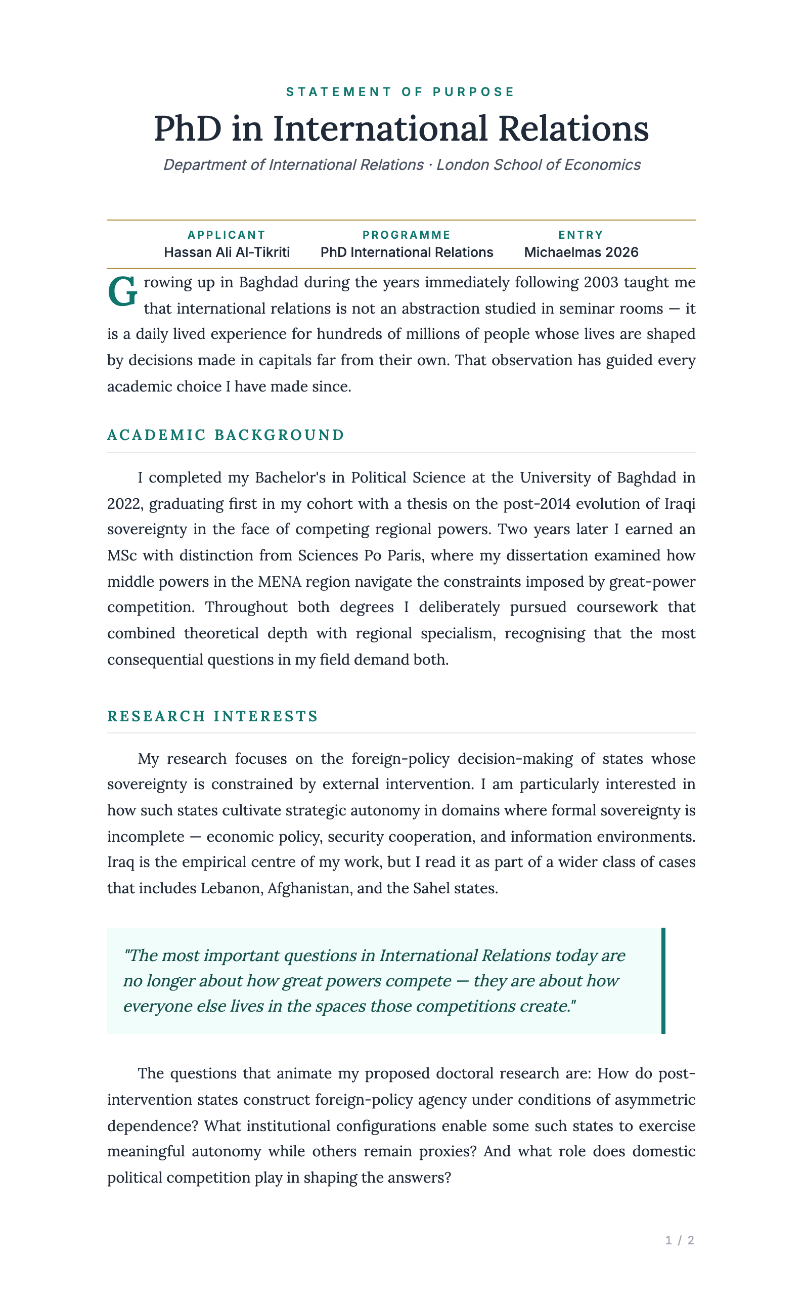 Postgraduate Motivation Letter